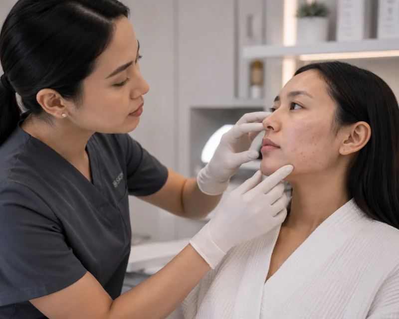 A practitioner directs a handheld laser device at a patient's cheek during a hyperpigmentation laser treatment session