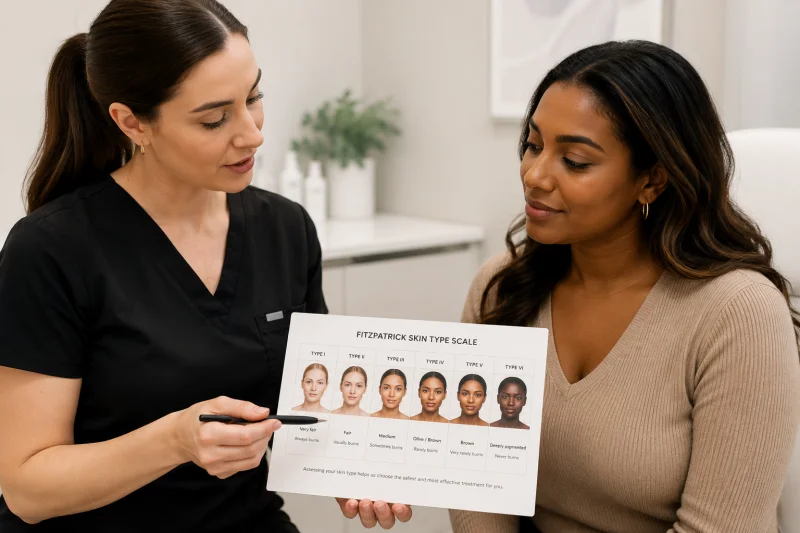 A practitioner in a clinic consultation room speaking with a patient who has a deeper skin tone, both seated and engaged in an attentive discussion about hyperpigmentation treatment suitability
