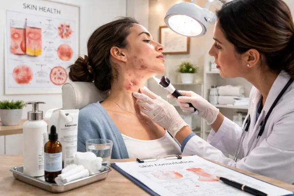 Dermatologist examining a patient’s neck