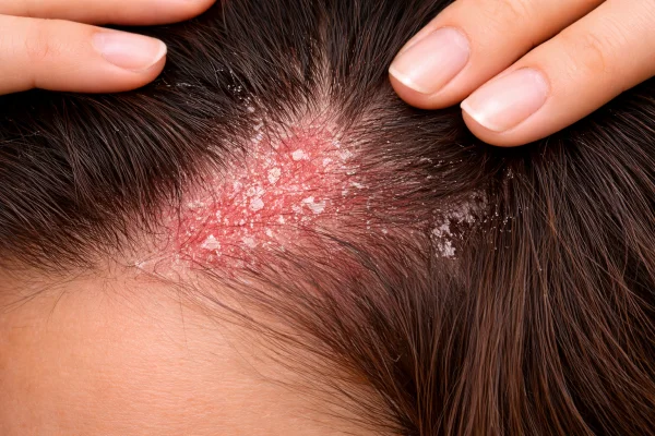 Scalp flaking and redness associated with seborrhoeic dermatitis