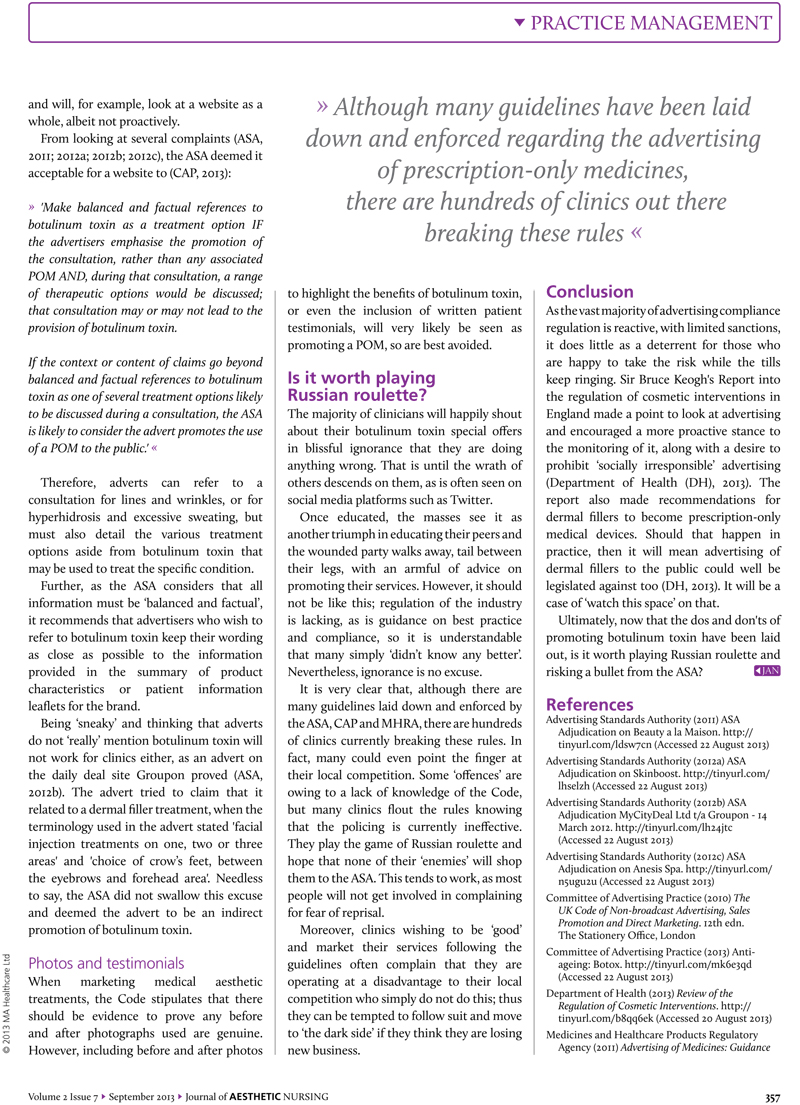 Journal of Aesthetic Nursing -Advertising Standards for Botulinum Toxin - Page 1